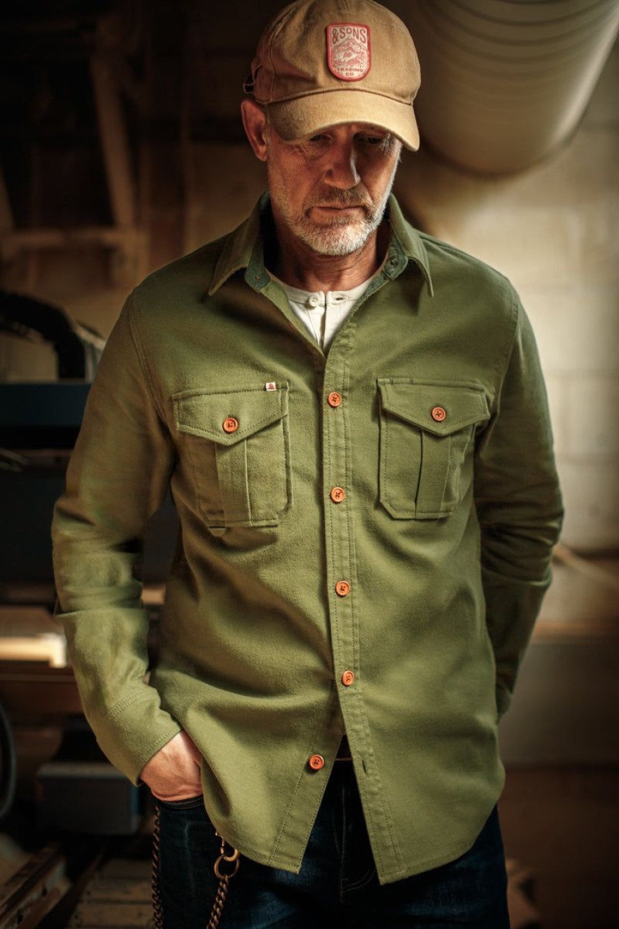 &SONS &Sons Lichen Moleskin Shirt Army Green Clearance