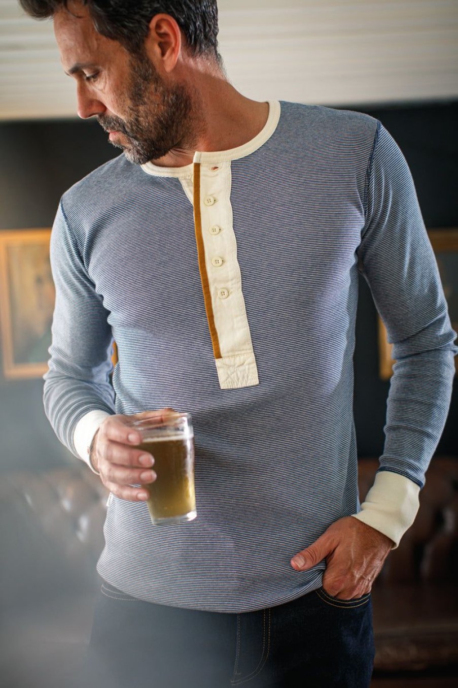 &SONS &Sons Wilder Henley Ticking Blue Hot