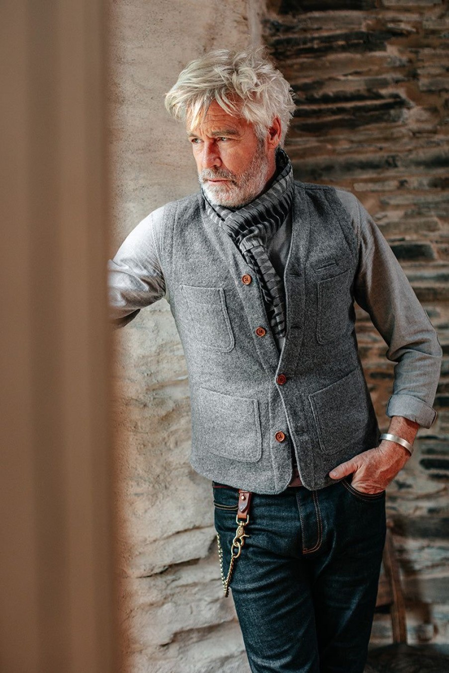 &SONS &Sons Drifter Wool Waistcoat Grey Clearance